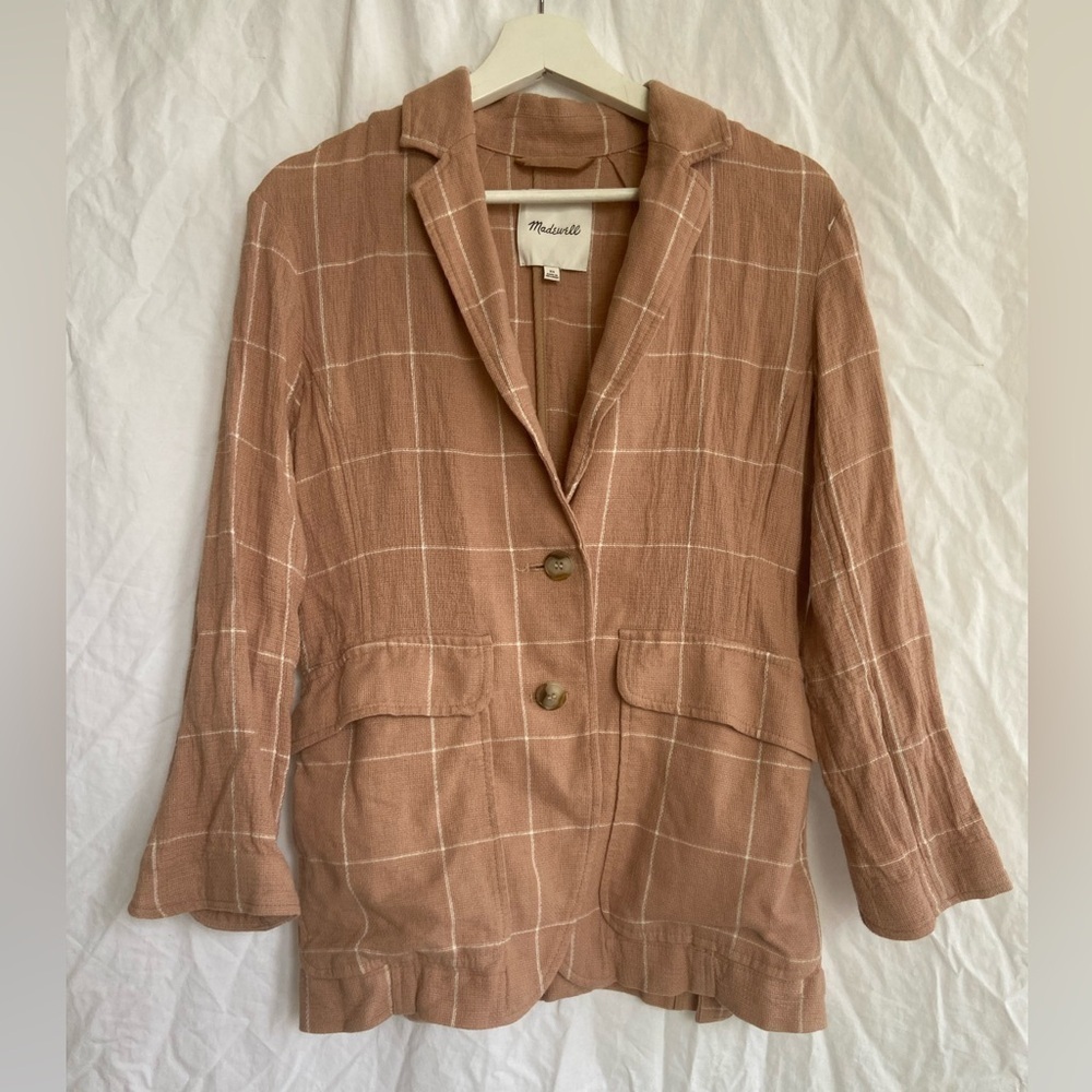 MADEWELL Tan Breezewoven Larsen Blazer in Windowpane Linen Oversized Size XS - Picture 3 of 15